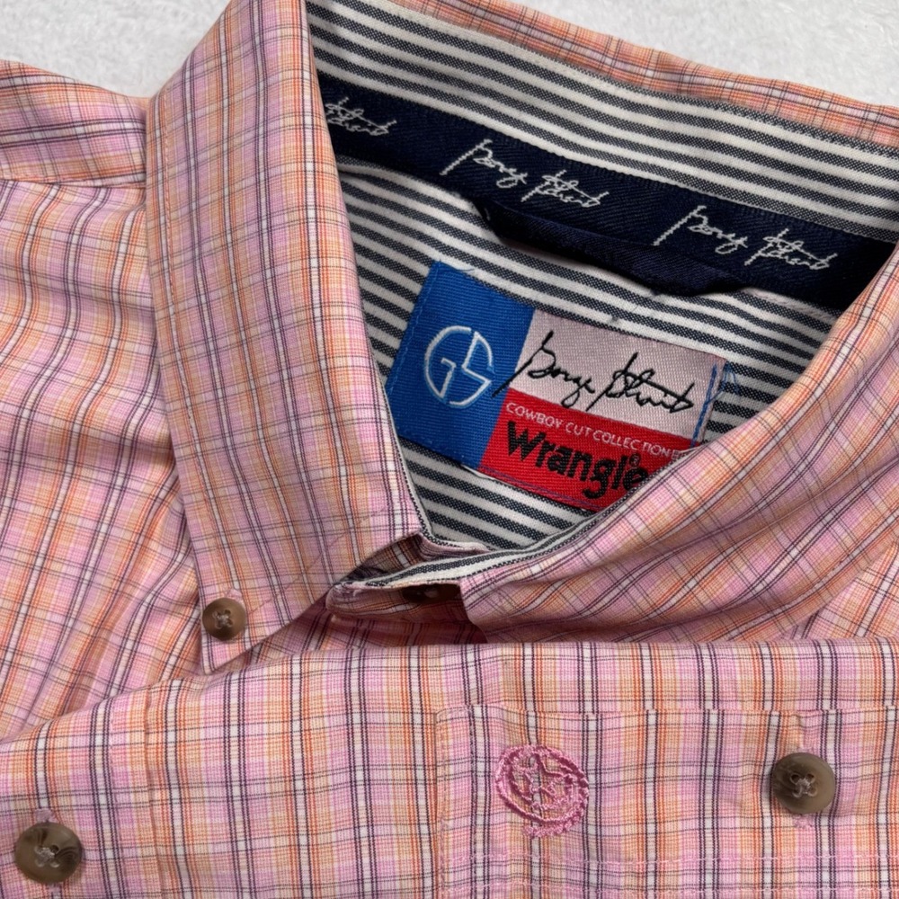 George Strait Cowboy Wrangler Western Shirt Men 2XL TALL Pink Plaid Rodeo Logo